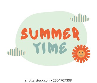Lema VERANO TIME en el estilo de 1970 con sol y nubes. Impresión retro perfecta para tee, afiche, tarjeta, pegatina. Ilustración vectorial.
