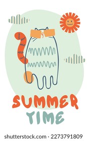 Slogan SUMMER TIME in retro style with cat in sunglasses. Perfect print for tee, poster, card, sticker. Vector illustration.
