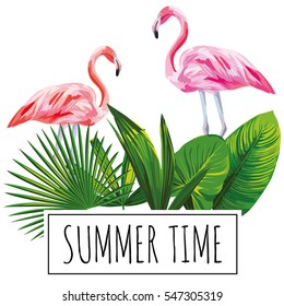 Slogan summer time tropical green leaves and pink flamingo bird on a white background. Trendy wallpaper