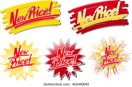 slogan templates "New Price!" in script font letters in front of brush strokes and stars