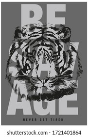 Slogan-Text "BE SAVAGE" mit Tigergrafik. Vektorgrafik für T-Shirt-Druck und andere Anwendungen. 