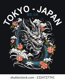 Slogan-Text, mit japanischer Drachengrafik. Vektorgrafiken für T-Shirt-Ausdrucke und andere Verwendungszwecke