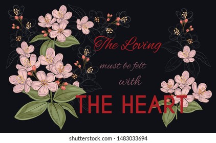 Slogan text of loving with flowers on a black background- vector