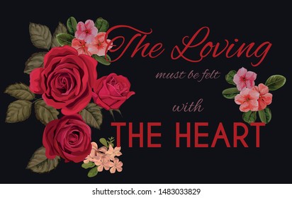Slogan text of loving with red rose on a black background- vector