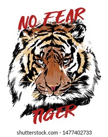 Slogan text "NO FEAR" with tiger illustration. Vector graphic for t shirt print and other uses.