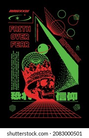 Slogan text with skull crown vector Translation: "Fear faith" design for t-shirt graphics, banner, fashion prints, slogan tees, stickers, flyer, posters and other creative uses