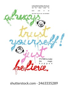 Texto del lema splash vintage abstracto osito de peluche estrellas de impresión con eslogan inspiracional retro para camiseta gráfica o Vector de póster de pegatina 