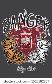 slogan with tiger vector illustration.graphic design for t shirt print, poster. isolated on background.Japanese Translation: Tiger