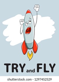 Slogan try and fly rocket start up concept business success. Vector illustration.