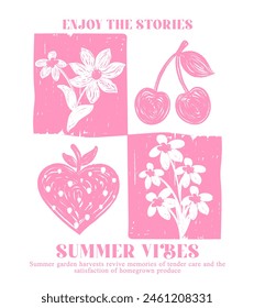 slogan typography with hand drawn flowers and fruits, vector illustration, For t-shirt graphic