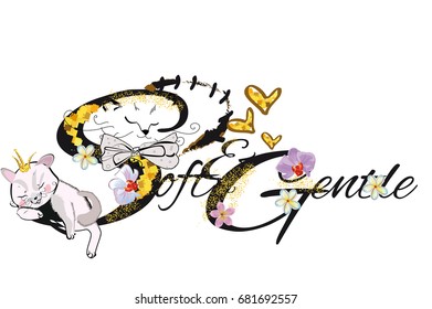 Slogan vector t-shirt illustration with fluffy cat decorated with golden hearts, rose orchids.
