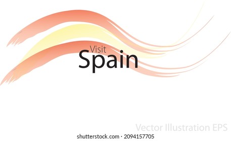 the slogan visit Spain with curved waves in watercolor style which are in the colors of the national flag. Vector Illustration