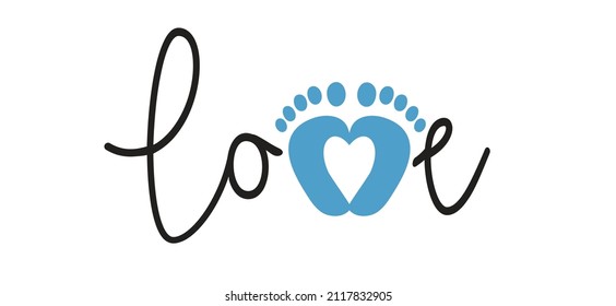 Slogan Welcome, Little Boy. New Born, Pregnant Or Coming Soon Blue Footprints With Love Heart Icon. Flat Vector Pictogram.