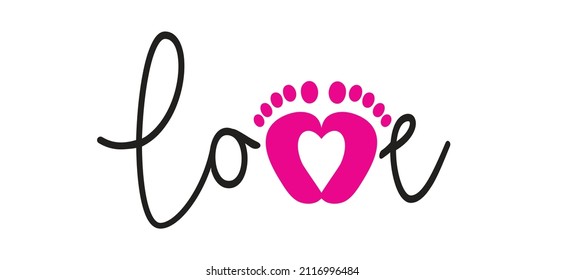 Slogan welcome, little girl. New born, pregnant or coming soon Roze footprints with Love heart icon. Flat vector pictogram.