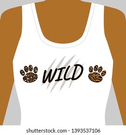 Slogan WILD with leopard skin in shape of paw. Trendy animal print on women's t-shirt. Fashion vector illustration for print, design, t-shirt.