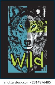 Slogan Wild. Wolf head in geometry. Hand drawn vector illustration.