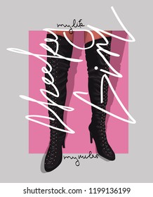 slogan with women's feet in boots