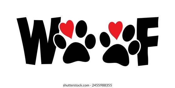 lema woof y paw con amor, corazones. amo a mi perro. Día de los animales. Pasos de perro de dibujos animados. Vector pisadas pictograma o símbolo. Amor, icono del corazón o logotipo.