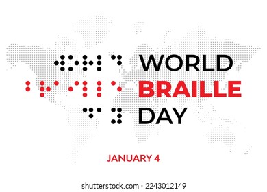 Día mundial del eslogan en braille. Alfabeto para ciegos, signos de código braille. Louis Braille france Coupvray. 4 de enero. Texto tocando la cita del dedo de la mano de alivio. Mapa del mundo del punto. Puntos o puntos