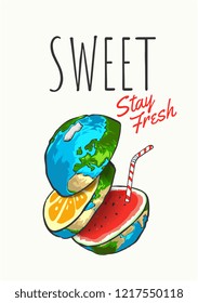 slogan with world sliced to fresh fruits illustration