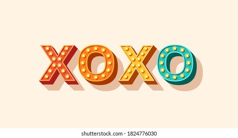 Slogan Xo Xo, vector lettering, colorful typography icon with light bulbs. Retro style text isolated on white background. Phrase or sign xoxo for prints and stickers.