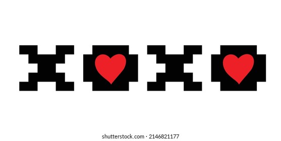 slogan XOXO (hugs and kisses) with hearts. Romantic qoute. Valentine's day, holiday. Vector pictogram or symbol. Love, heart icon or logo. Wedding concept. Pixel sign.