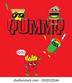 Slogan yummy with funny burger, slice of pizza, soda and chips. Print for kids t shirt. Vector illustration.