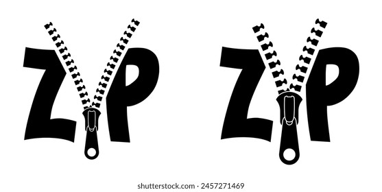 slogan zip file logo. Compression documents. Computer document icon. Reduce file size. Extension name .EXE. Zip fastener with zipper puller. Set of closed and open with fastener. Unzip, closed zip.