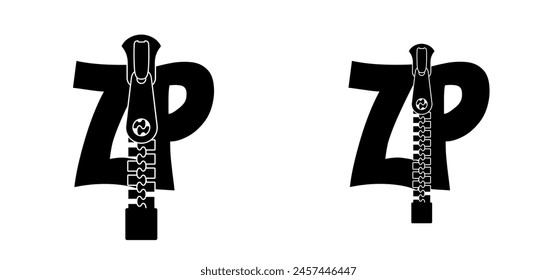 slogan zip file logo. Compression documents. Computer document icon. Reduce file size. Extension name .EXE. Zip fastener with zipper puller. Set of closed and open with fastener. Unzip, closed zip.