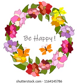 Slogan,greeting, postcard with a large flower wreath. 