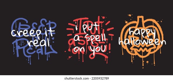 Slogans for celebrating of Happy Halloween. Set of Urban street graffiti lettering quotes. Print for graphic tee. Neon letters on black background. Vector illustration in 1980s -1990s style.