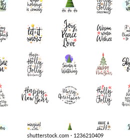 Slogans for the new year seamless pattern. Christmas posters for an interior or for t-shirts. Modern style calligraphy and lettering 3d stars.