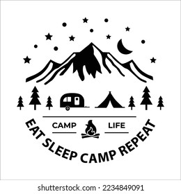 Slogans or quotes decorated with travel and adventure elements - backpack, mountain, camping tent, forest trees. Creative vector illustration in black and white colors