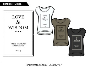 Slogan,text t-shirt graphics on 3 colors trendy t-shirts.