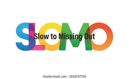 Ilustración del vector de palabras SLOMO. Lento A Perder. Texto de arcoiris de color. Cartel del vector. Concepto corporativo. Texto degradado. Cartas de transparencia. Ilustración del vector