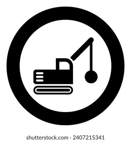 Sloopkraan building machine demolish wrecking ball crane truck icon in circle round black color vector illustration image solid outline style