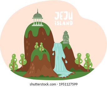 Slope with flowing waterfall and stone statues. Landscape of Jeju with nature and architecture