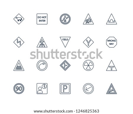Slope, Keep left, Parking, Waiting, Speed limit, hump or rough, Y intersection, side road, Barrier, Zebra crossing, pedestrian prohibited outline vector icons from 20 set