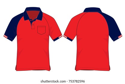 Slope shoulder polo shirt design red/navy colors, half jumper, one pocket vector.Front and back views.