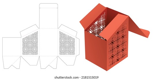 Sloped packaging box with stenciled pattern die cut template and 3D mockup