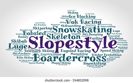 Slopestyle. Word cloud, italic font, grey gradient background. Winter sport