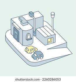 A sloping building. park the car in the parking lot 