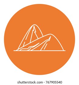 Sloping hills icon in thin line style. Outline mountain symbol in round frame.