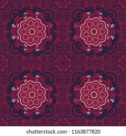 Sloping seamless colorful ornament for design and backgrounds. Kaleidoscopic orient popular style in red, gray and purple colors. Vector rich ornament.