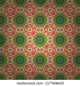 Sloping seamless colorful ornament for design and backgrounds. Kaleidoscopic orient popular style in green, beige and white colors. Vector rich ornament.
