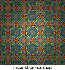 Sloping seamless colorful ornament for design and backgrounds. Vector illustration. Orient popular style. Textured seamless pattern. Abstract blurred paisley blue, green and orange ornament.