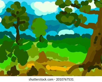 Sloppy abstract summer landscape with green trees and blue sky