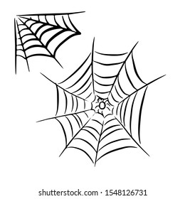 Sloppy drawn web with a spider in the center and a corner web. Hand-drawn. Black and white vector illustration.