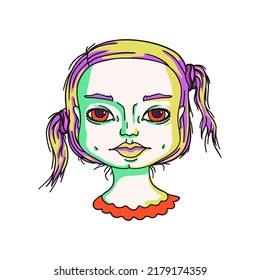 Sloppy girl with doll face in pop art style. A bright character is a fidget. Bright colors and two ponytails, big eyes, big cheeks. Orphan social advertising