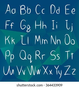 Sloppy handwriting font on a colored background of the triangles. Large and small letters. Uppercase and lowercase letters